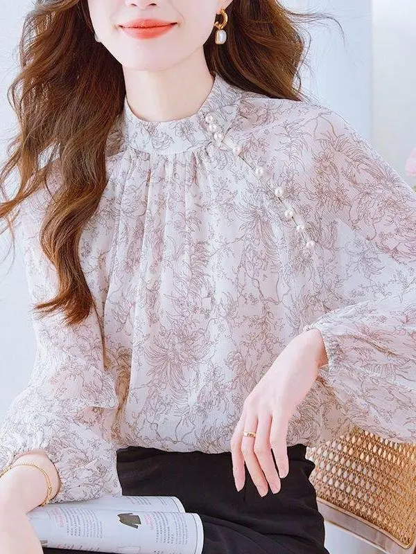 レトロプリント長袖シフォンシャツ-レディース-春秋新作-甘い雰囲気トップス＆ボトムスセット-ツーピーススーツアンサンブル