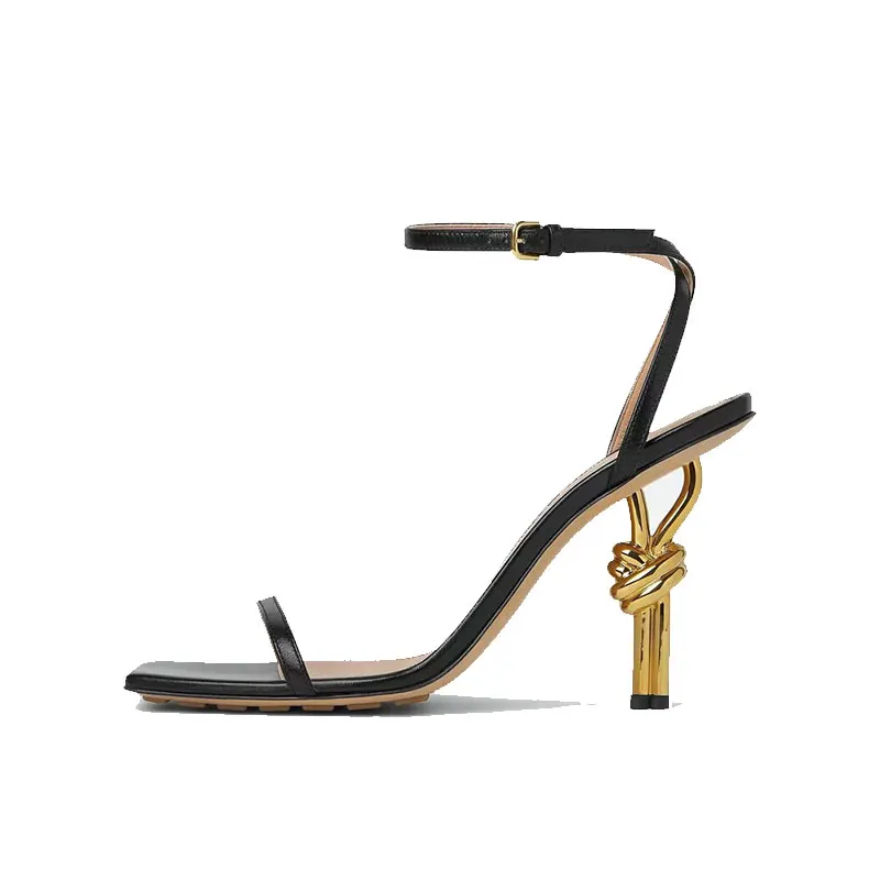 Women\'s square toe super high heels sandals, metal knot slim high heels, sexy, open mouth, fashionable, new
