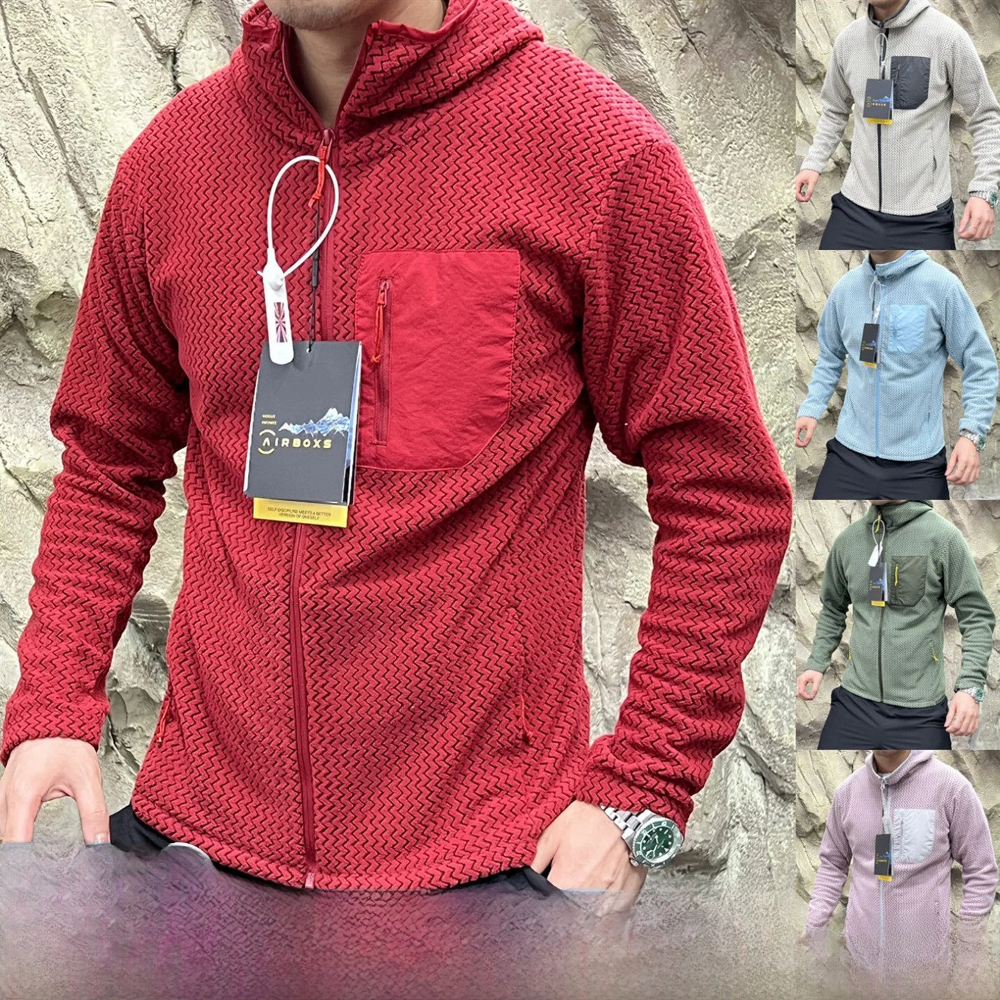 

R Series Wave Pattern Fce Outdoor Jaet Men's Women's Hooded Open Cardigan Warm Thi Long Sve Polyester Fiber