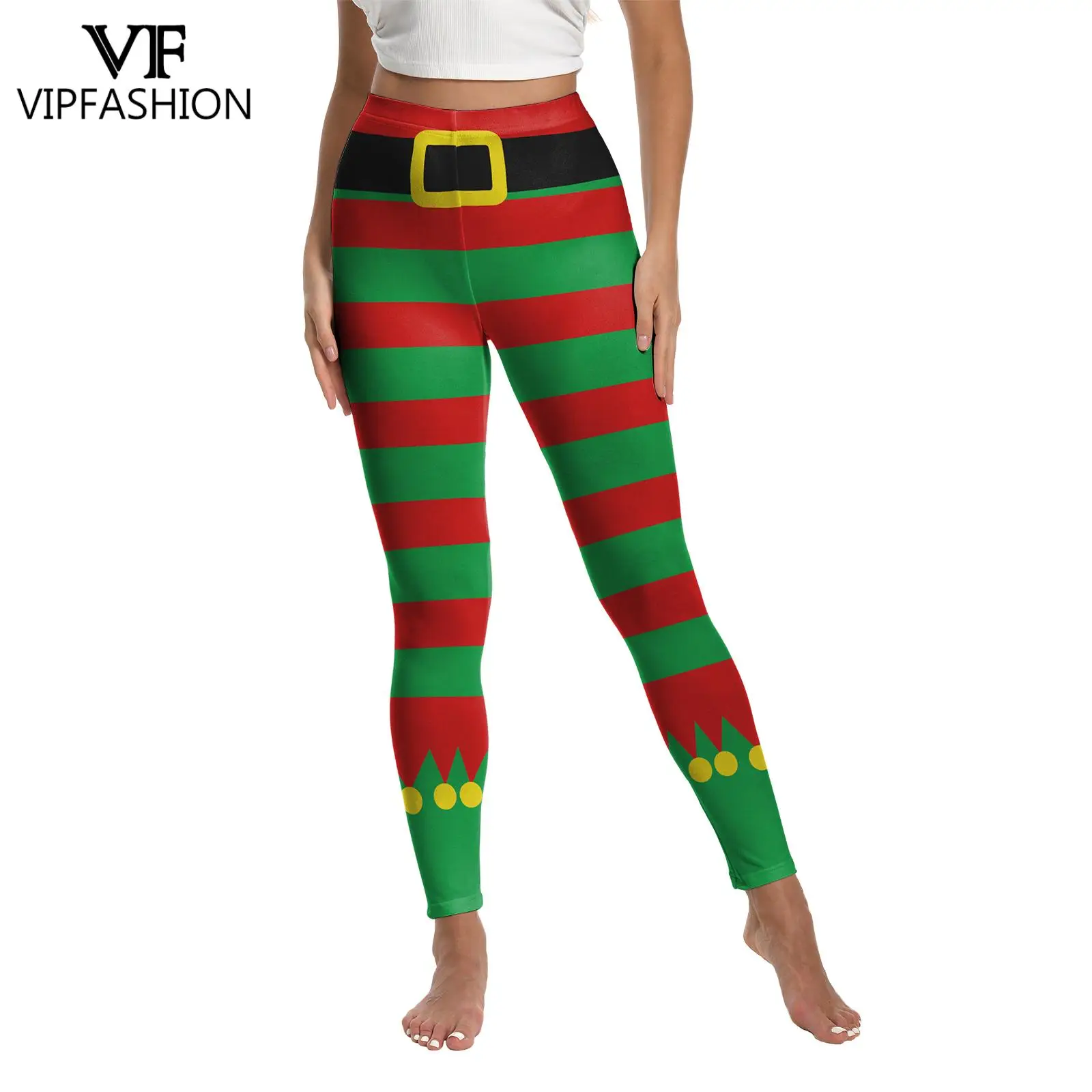 

VIP FASHION Women Christmas Elf Leggings Santa Claus Xmas Pants Holiday Sexy Tights Elastic Workout Trousers Carnival Party Gift