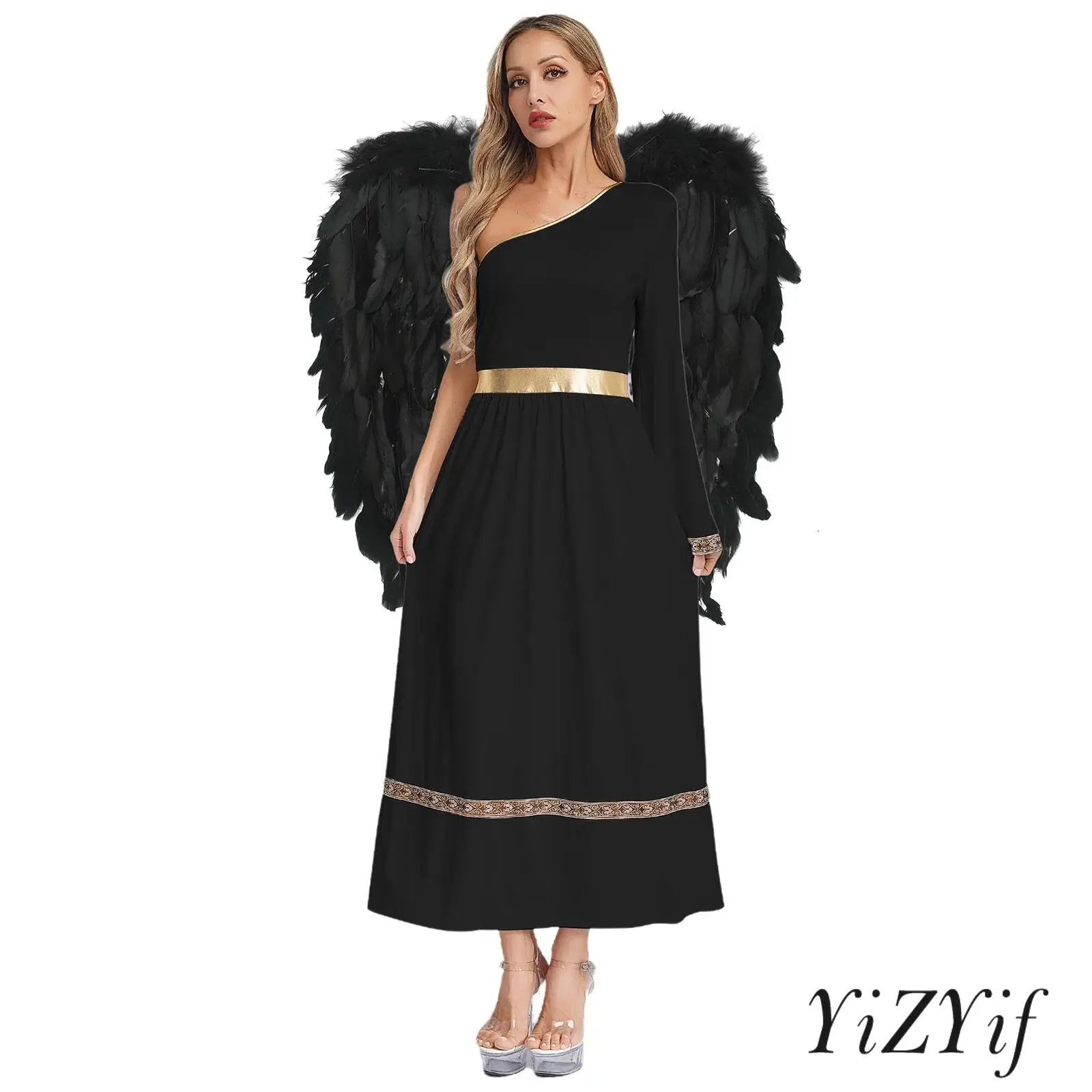 

Womens Ancient Greek Roman Tunic Dress with Wings One Long Sleeve Toga Dress And Angel Wing 2Pcs Set for Halloween Cosplay Party