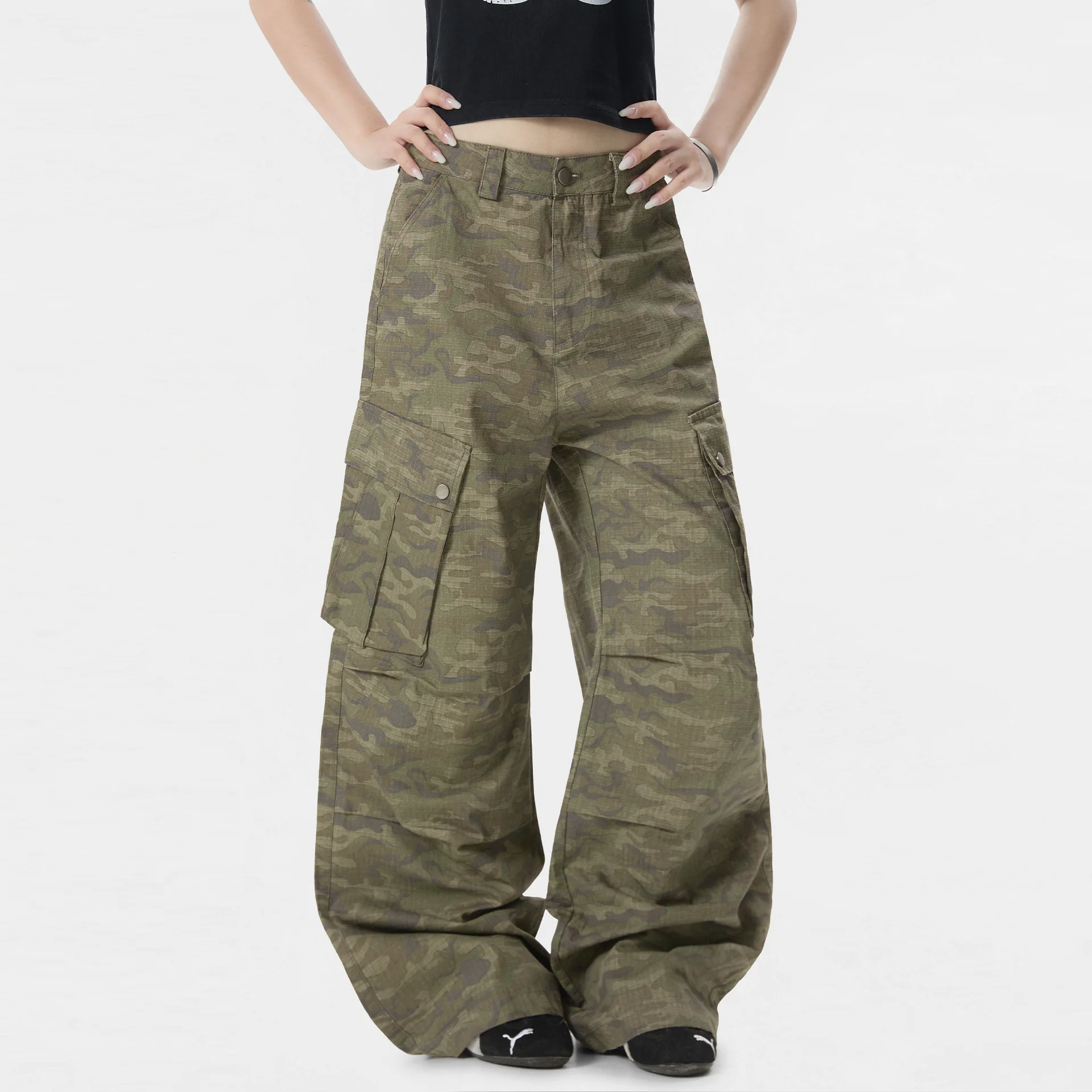 

OR FL American High Street Earthy Yellow 100 Cotton Women Camouflage Pants Trendy Brand Cool Slacks Multiple Pockets Staraight