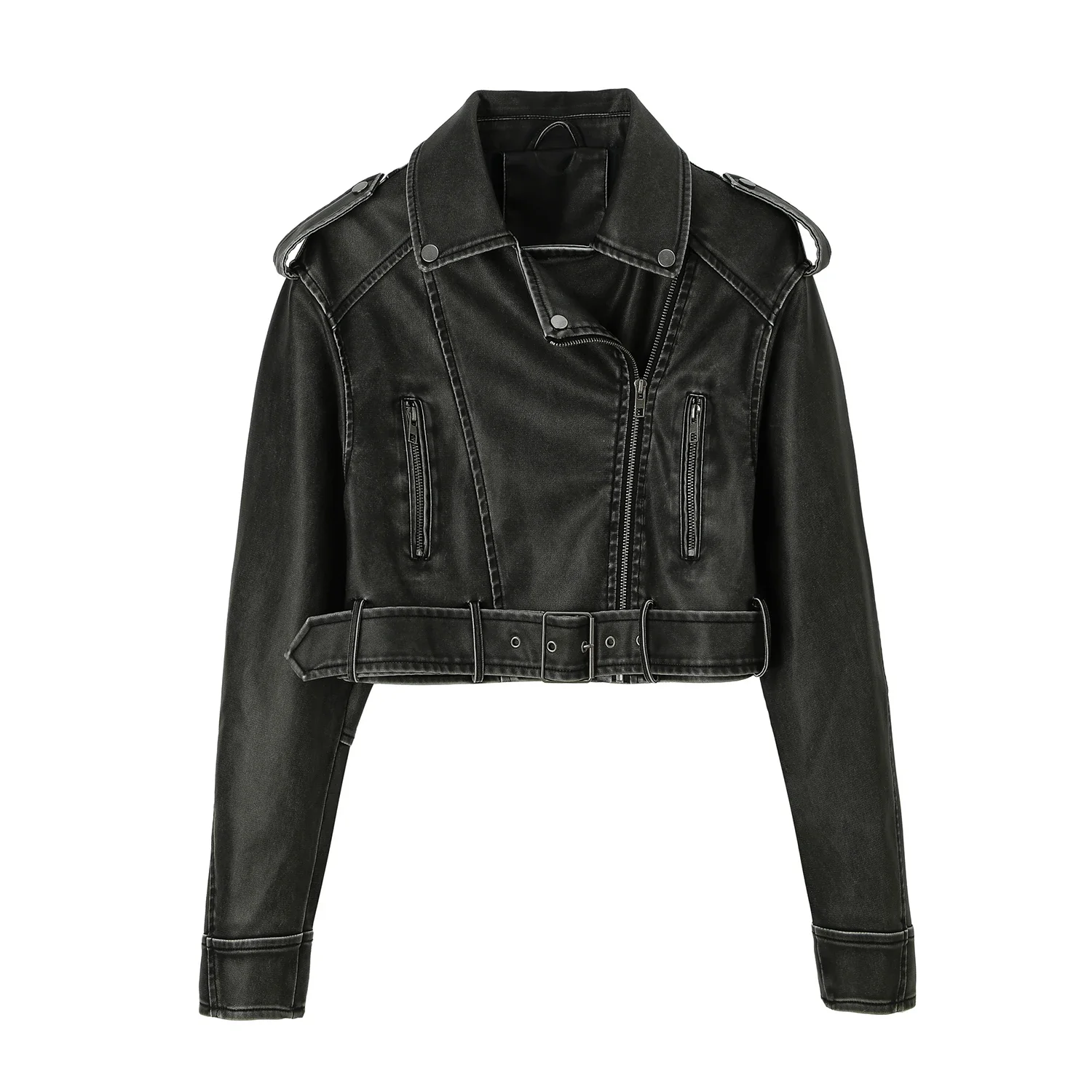 ​ ​   Veste de moto en cuir Pu noir pour femme, coupe cintrée, ceinture de taille réglable, clous argentés, fermeture à glissière, manteaux de printemps, d'automne et d'hiver ​ ​