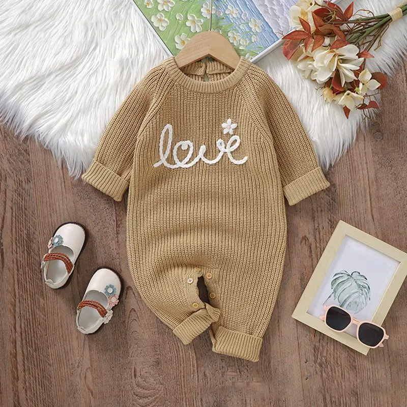 

New Autumn Winter Jumpsuit Handmade Flower Pattern 0-12M Clothes Toddler Baby Boys Girls Knitted Romper Infant Baby Jumpsuit