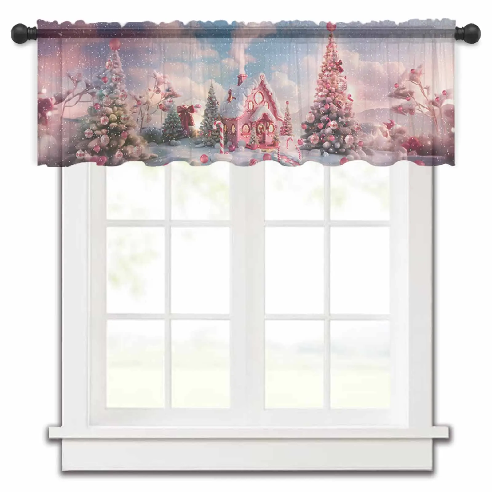 Christmas Candy House Snow View Countryside Small Sheer Window Curtain Tulle Short Curtain Home Decor Kitchen Voile Drapes