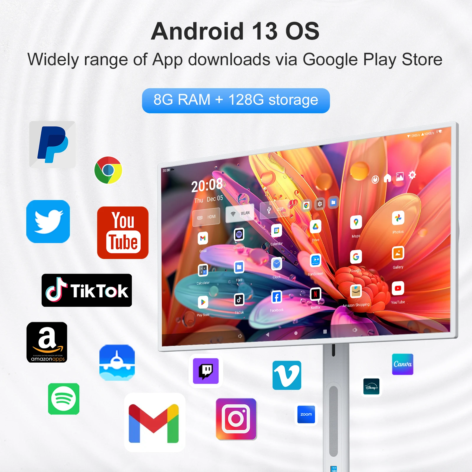 32 Inch Android 13 TV 8+128G 1080P Built-In Battery Family Indoor Smart Tv Wheels for Study Business Entertainment Portable Tv