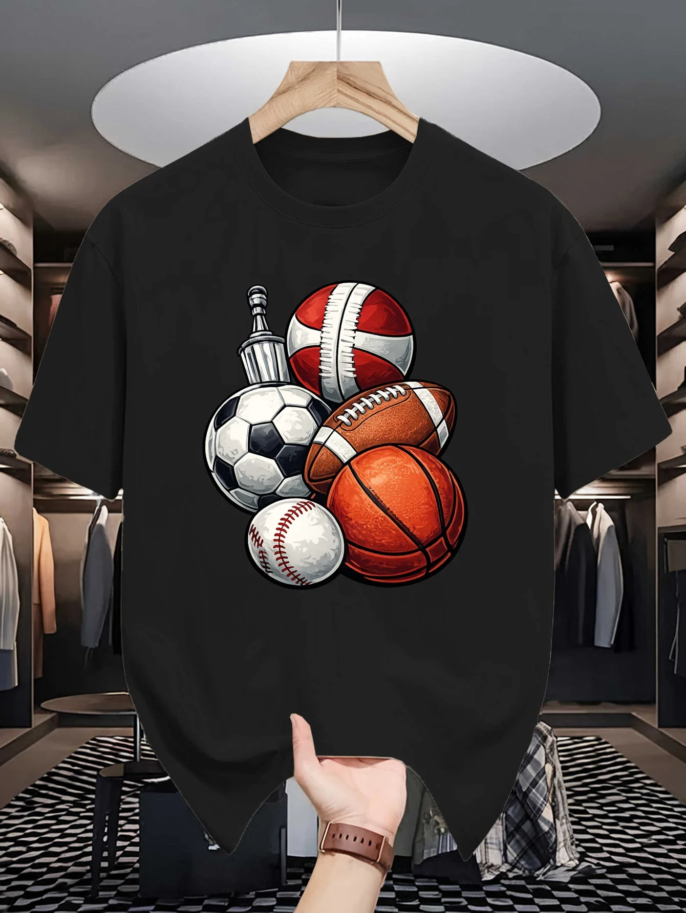Mixed Sports Balls Art Print Mens T Shirt Crew Neck Cotton Tee For Sports Enthusiasts Casual Wear Gift For Multisport Fans