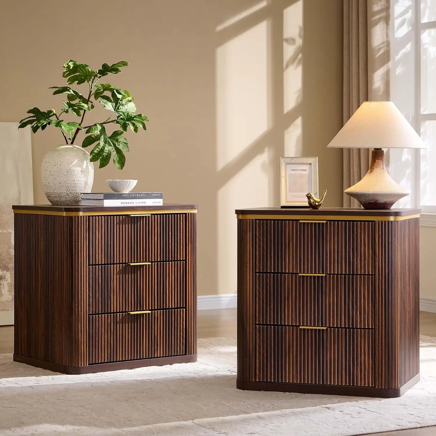 Large Fluted Nightstand Set of 2 with 3 Drawers, Walnut, Customized