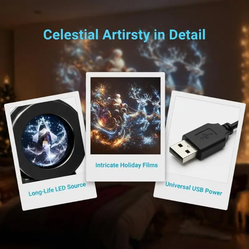Christmas Pattern USB Projection Light 360° Rotating Adjustable Brightness for Bedroom Home Party Holiday Decor