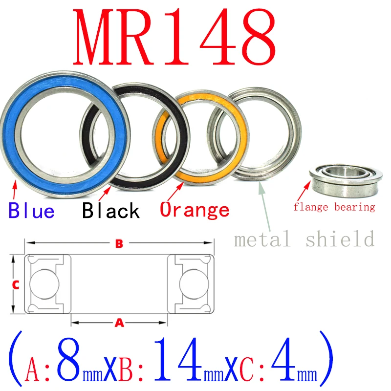 MR148ZZ 2RS Flange Mini Bearings 8x14x4mm Rubber & Iron Sealed RC Car Toy Bearing Kit