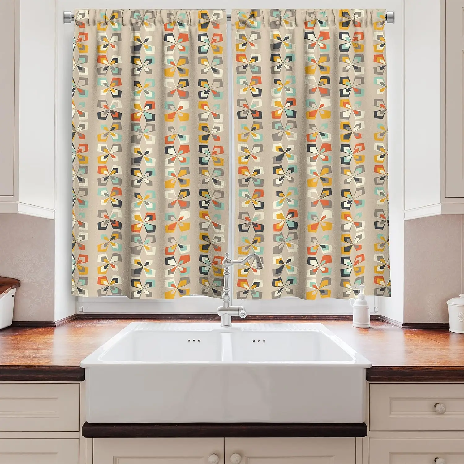 Geometric Long Kitchen Curtains, Mid Century Modern Pattern of Colorful Retro Shapes and Forms Art Print, Two Panels Drapes with