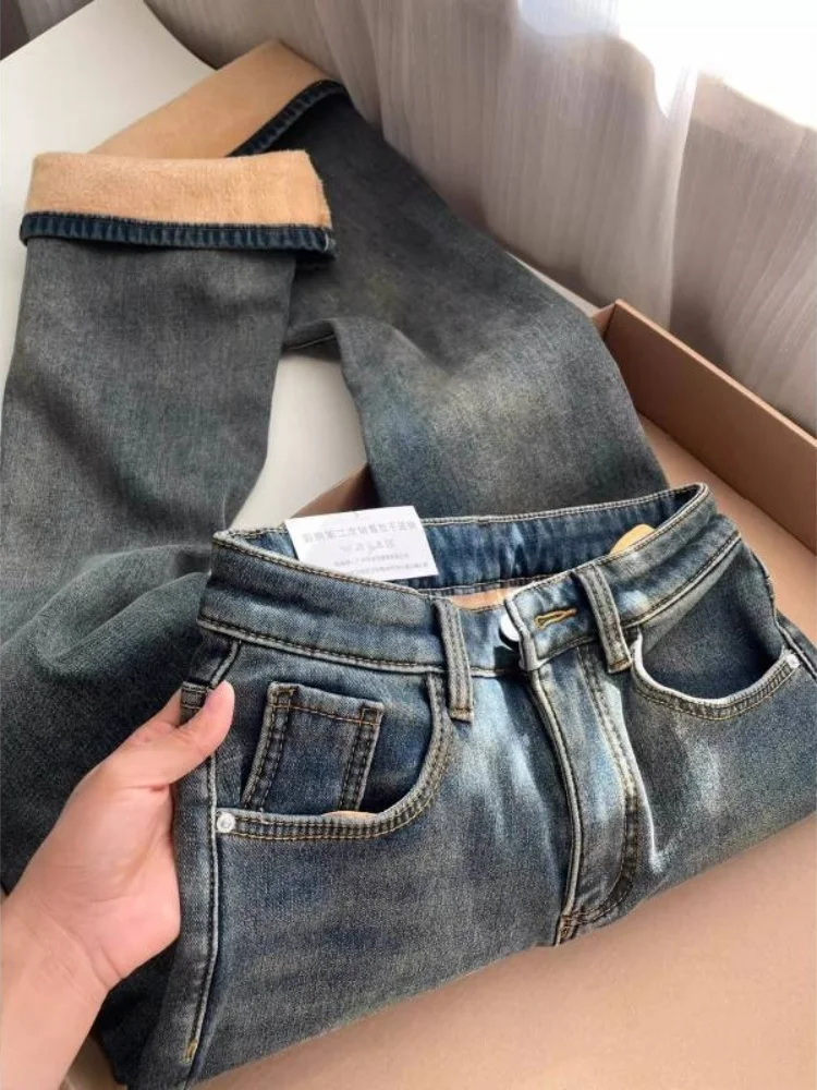 플러스 사이즈 기모 안감 마이크로 플레어 데님 청바지 여성용 겨울 하이웨이스트 슬림핏 신축성 있는 스트레이트 레그 와이드 레그