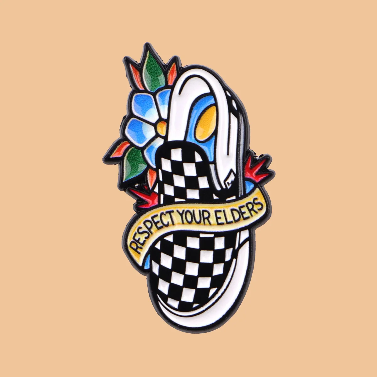 RESPECT YOUR ELDERS Quotes Enamel Pin Retro Checker Shoes Brooch Lapel Pin Badge on Backpack Clothing Accessories Jewelry Gifts