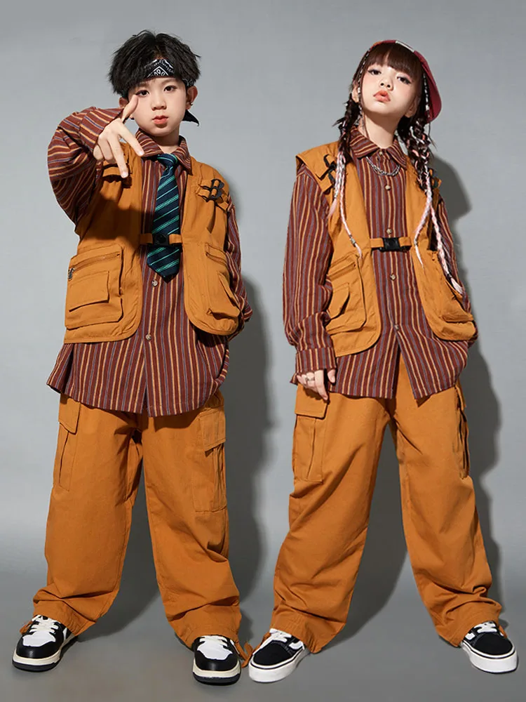 

Kids Street Dance Tide Clothes Vest Striped Shirt Boys Hip Hop Retro Suit Girls Hiphop Performance Costume dance costume kids