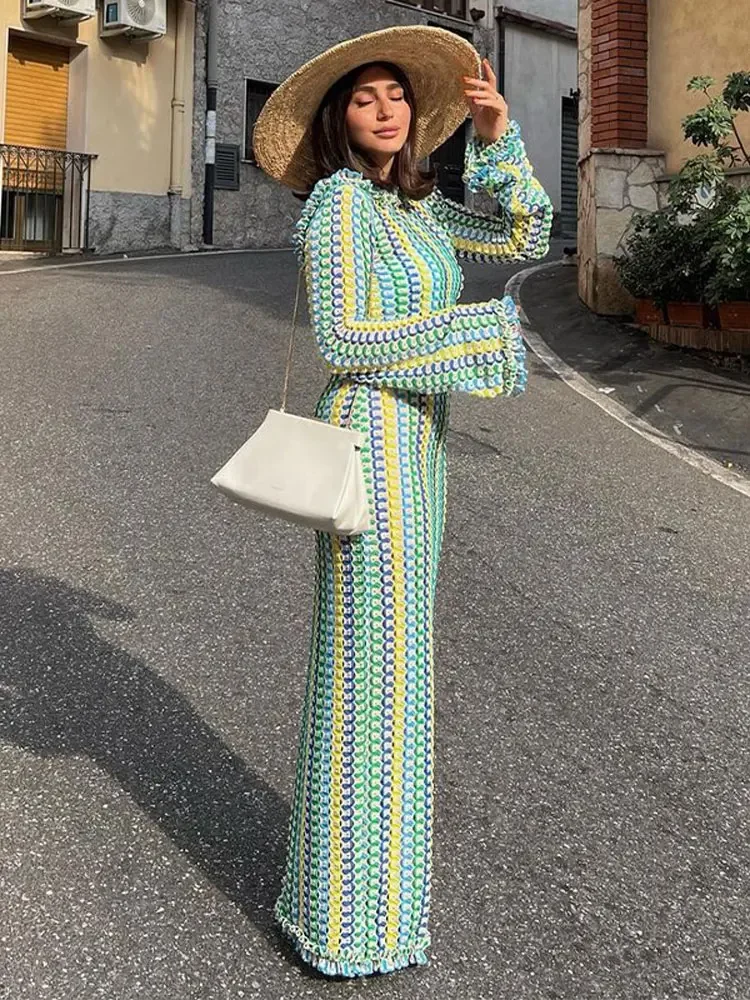 

Women Elegant Contrast Stripe Backless Maxi Dress Female Casual O Neck Flare Long Sleeve Vestidos Lady Sexy Vacation Party Robe