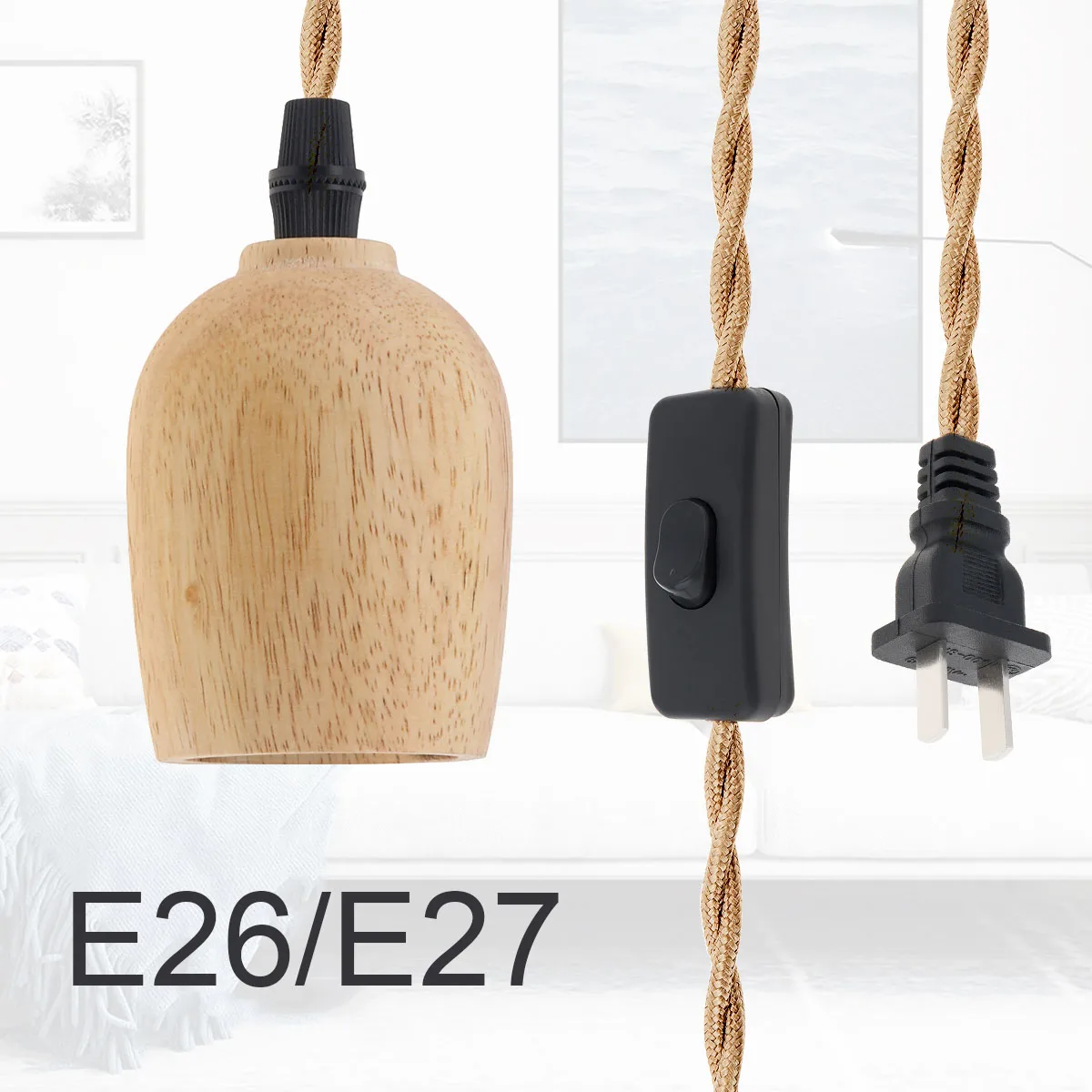 E26/E27 Wood Pendant Light Kit Covered Ceramic Light Socket with Switch Wire for Home Kitchen Creative Retro Decoration Pendant