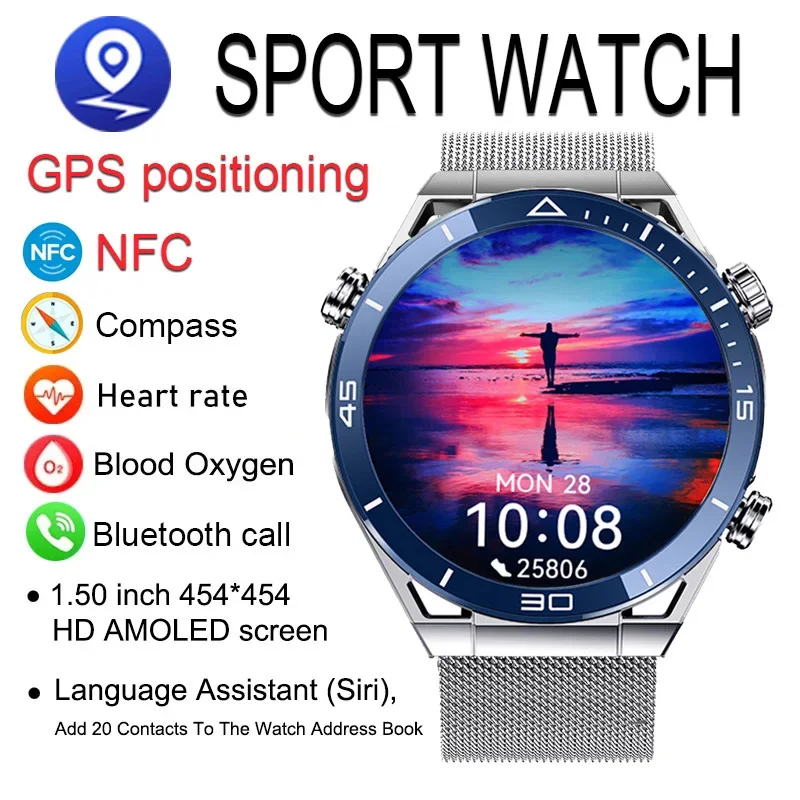 

New NFC Smart Watch Men AMOLED IP68 Waterproof Compass Sport Smartwatch GPS Track Custom Dial Answer Call For Huawei Android