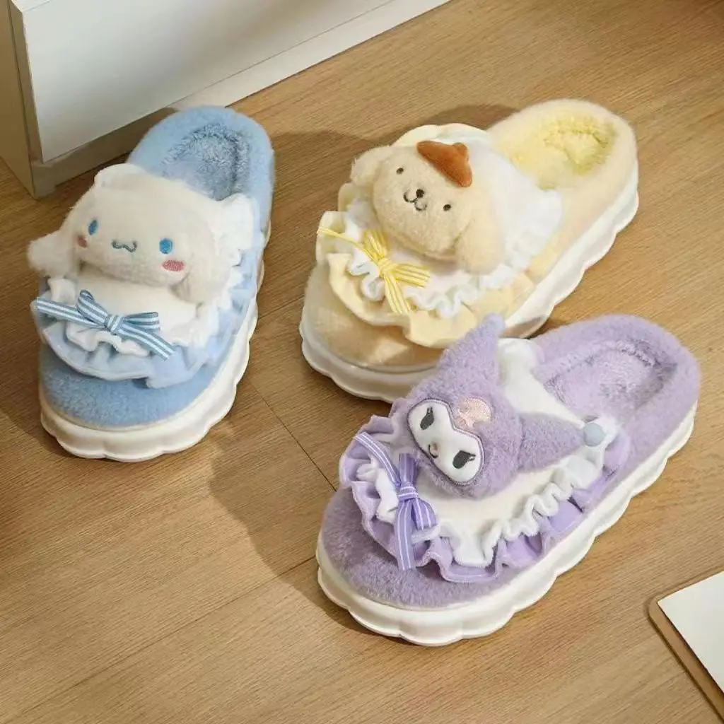 

Sanrio Pom Pom Purin Cotton Slippers Women's New Winter Wear Thick Bottom Non-slip Cute Cartoon Plush Cotton Drag Indoor Home