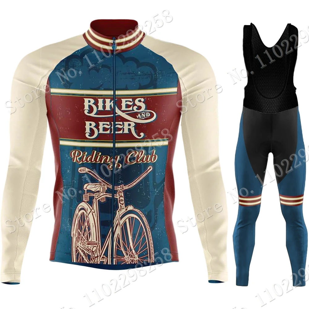 Winter Beer Riding Club Vintage 2023 Cycling Jersey Set Thermal Fleece Retro Clothing Long Sleeve Road Pants Bib Bike Suit MTB