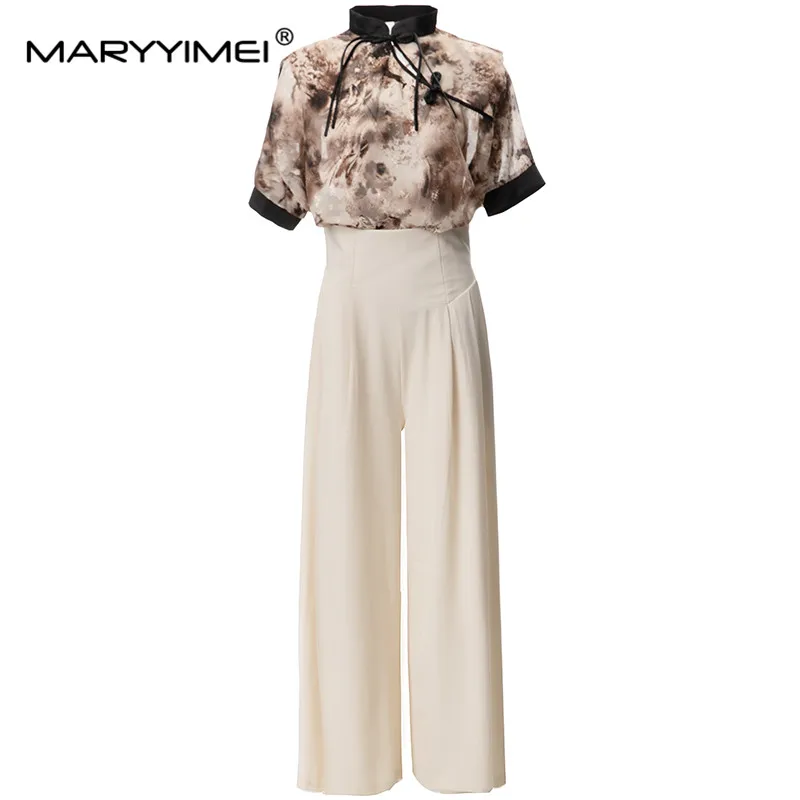 

MARYYIMEI Fashion Designer Summer Women's Stand Collar Short-Sleeved Lace-UP Printed tops+Pure white pants Commuter 2 Pieces Set