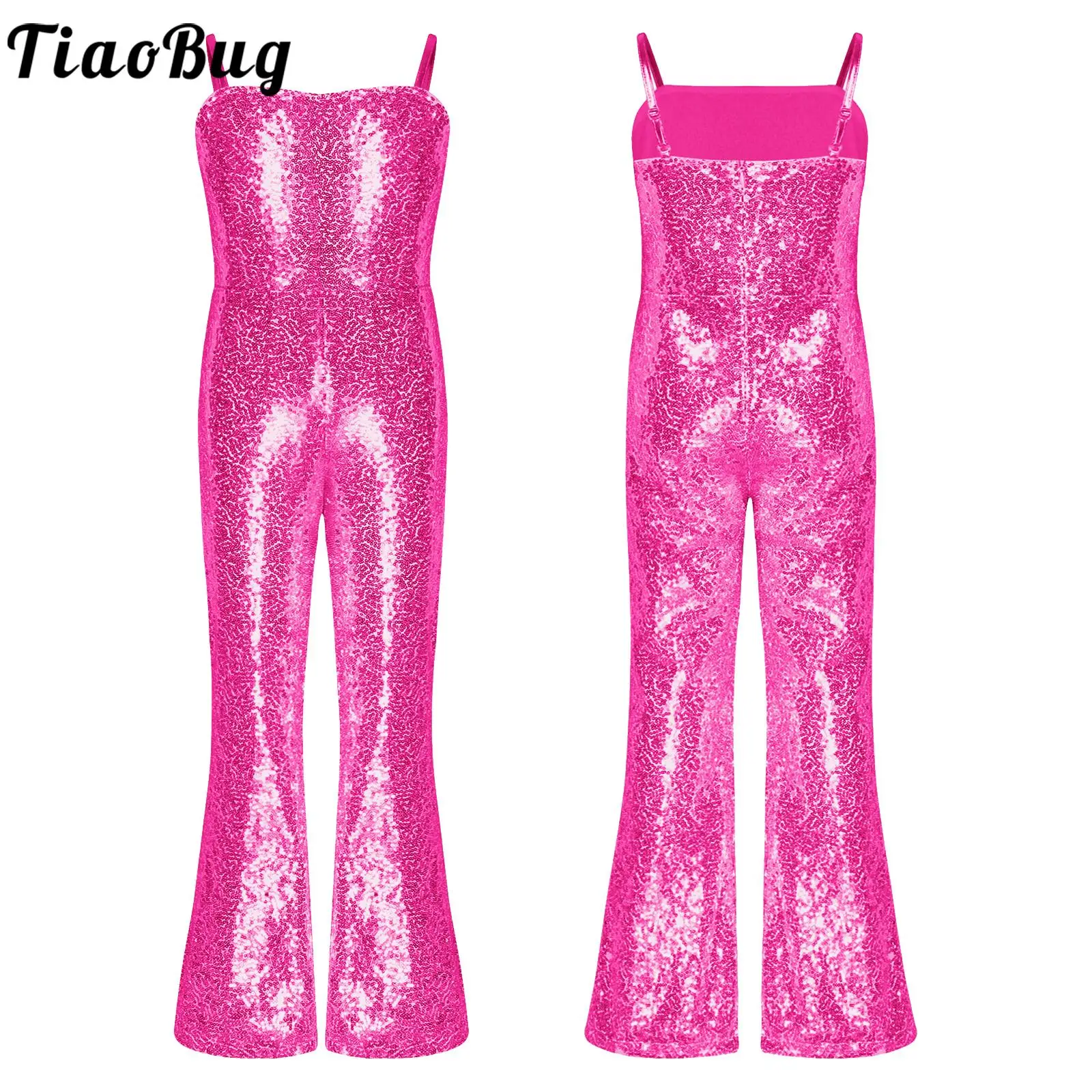 

Kids Girls Halloween Movie Character Cosplay Costume Shiny Sequins Bell Bottom Jumpsuit Party Modern Dance Performance Bodysuit