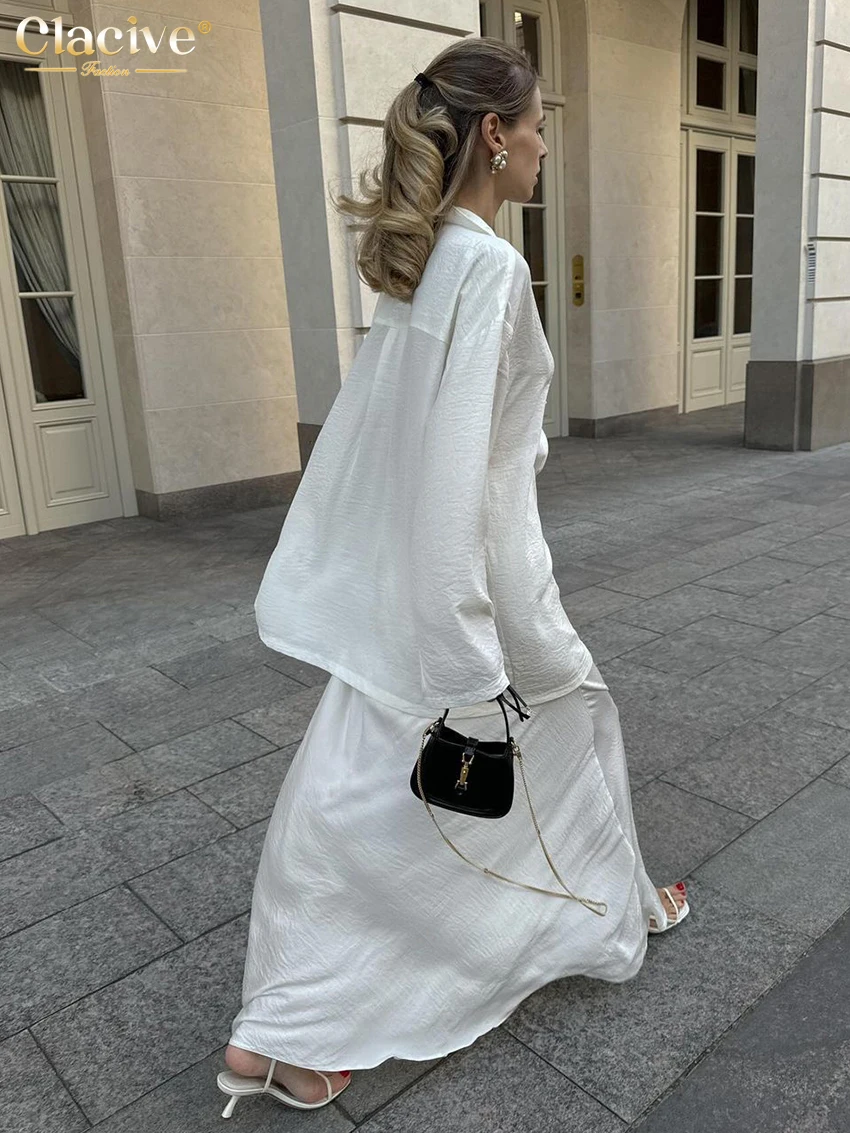 Clacive Fashion Loose White 2 Piece Sets Women Outfit 2024 Elegant Long Sleeve Blouse With High Waist Long Skirts Set Streetwear