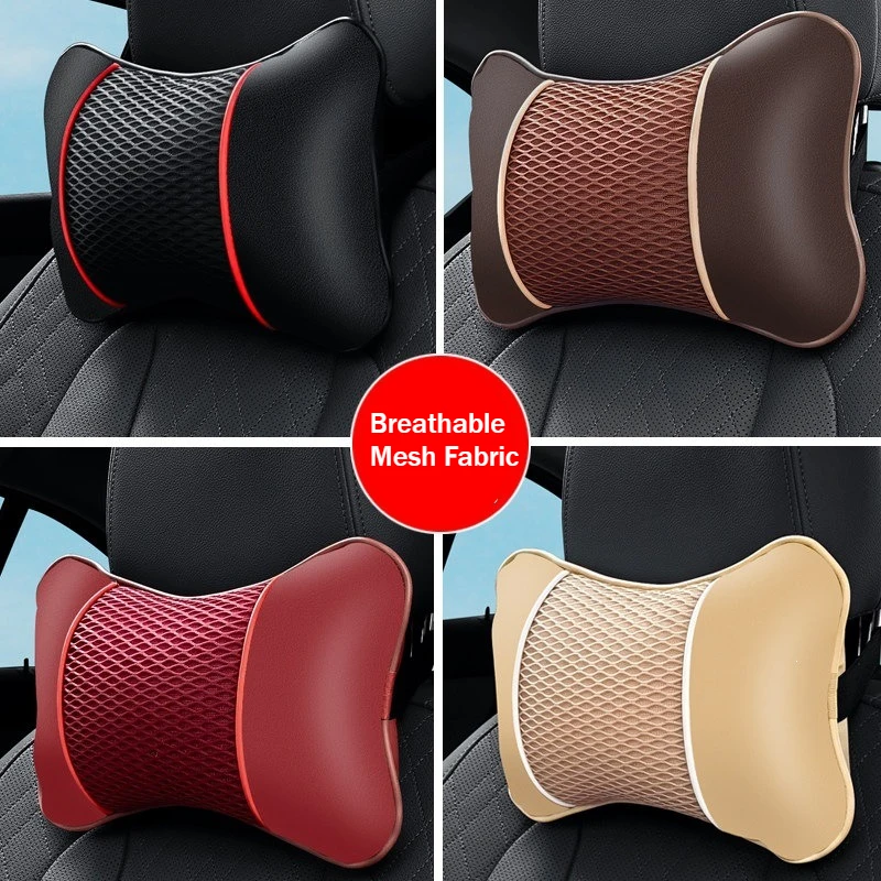 Universal Car Neck Pillow Headrest Support Cushion PU Leather Breathable Mesh Seat Rest Auto Interior Accessory 1PC/2PCS