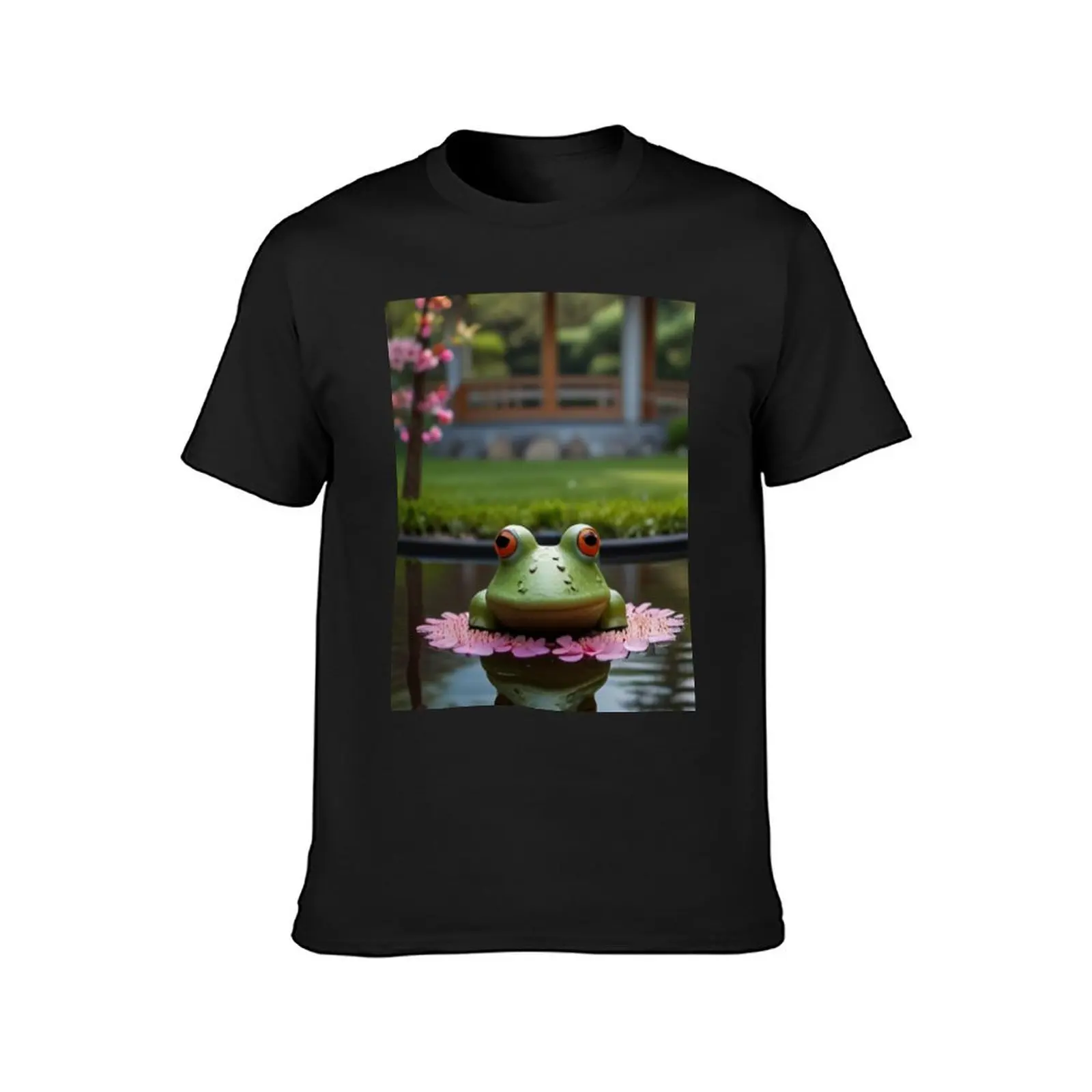 grumpy frog sitting on a lily pad in a serene Japanese garden T-Shirt blacks oversized boys animal print black t shirts for men