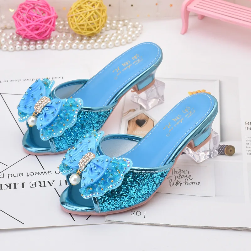 Girls High-heeled Sandal Slippers Children\'s Slippers Bow Pearl Kids Crystal Drill Princess Wedding Party Performance Slippers