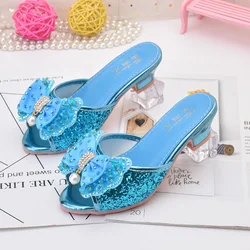 Girls High-heeled Sandal Slippers Children's Slippers Bow Pearl Kids Crystal Drill Princess Wedding Party Performance Slippers