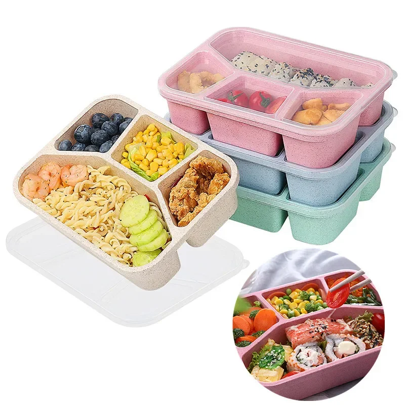 Microwave Lunch Box4 Grids Wheat Straw Dinnerware Food Storage Container Children School Portable Bento Box BPA Free Kids Tools