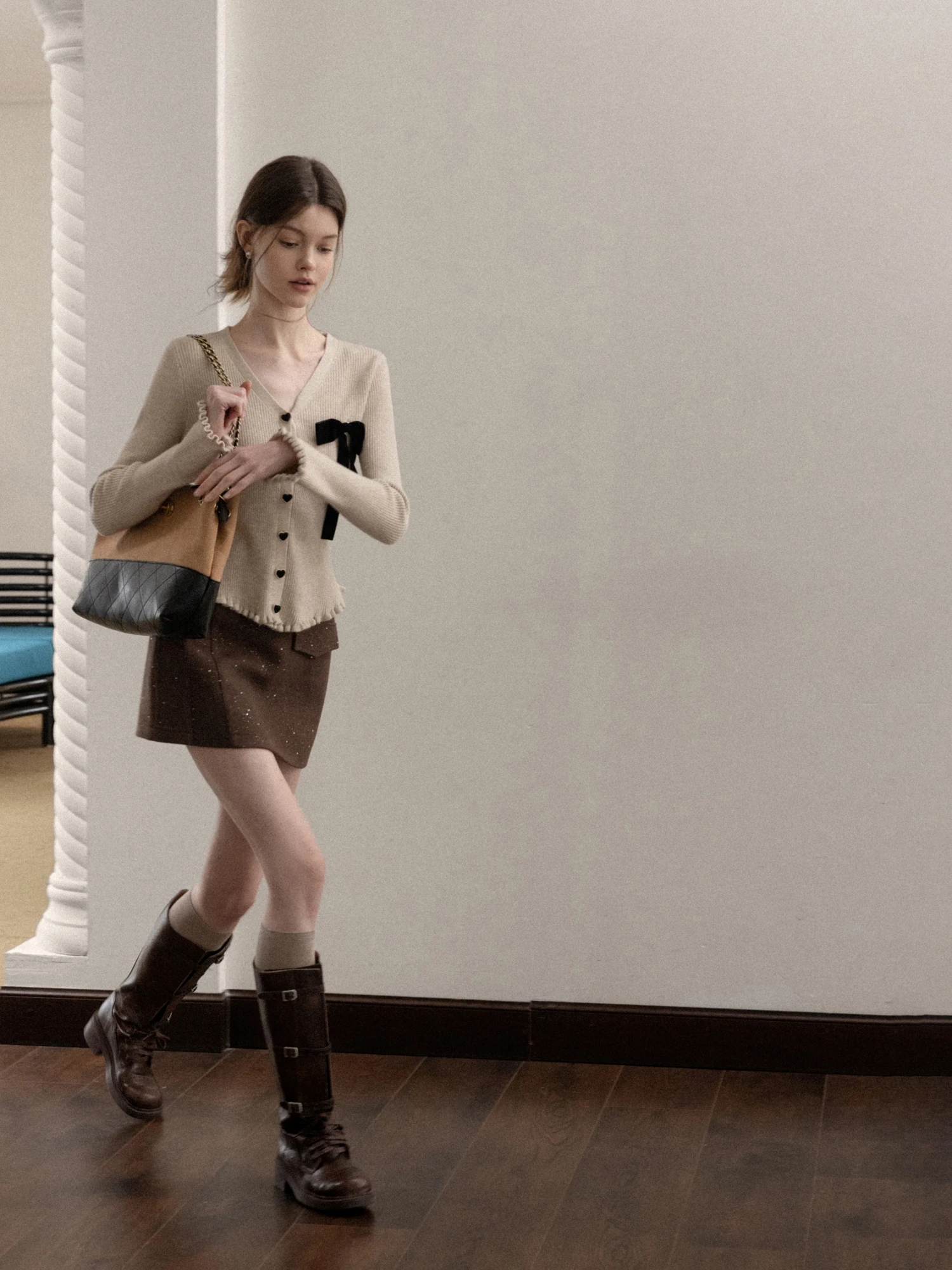 Hochgeschnittener A-Linien Wollrock Damen Herbst Winter Mode Paillettenröcke Lässige Atmungsaktive Polyester-Mischung Röcke