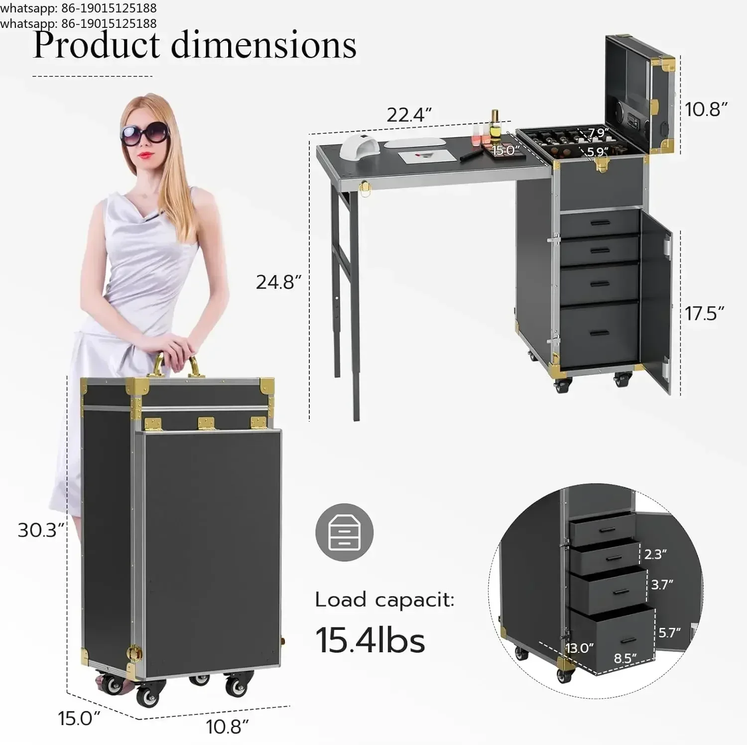 Portable Rolling Manicure Table with Speaker Foldable Travel Makeup Organizer Cart for Teaching Nails
