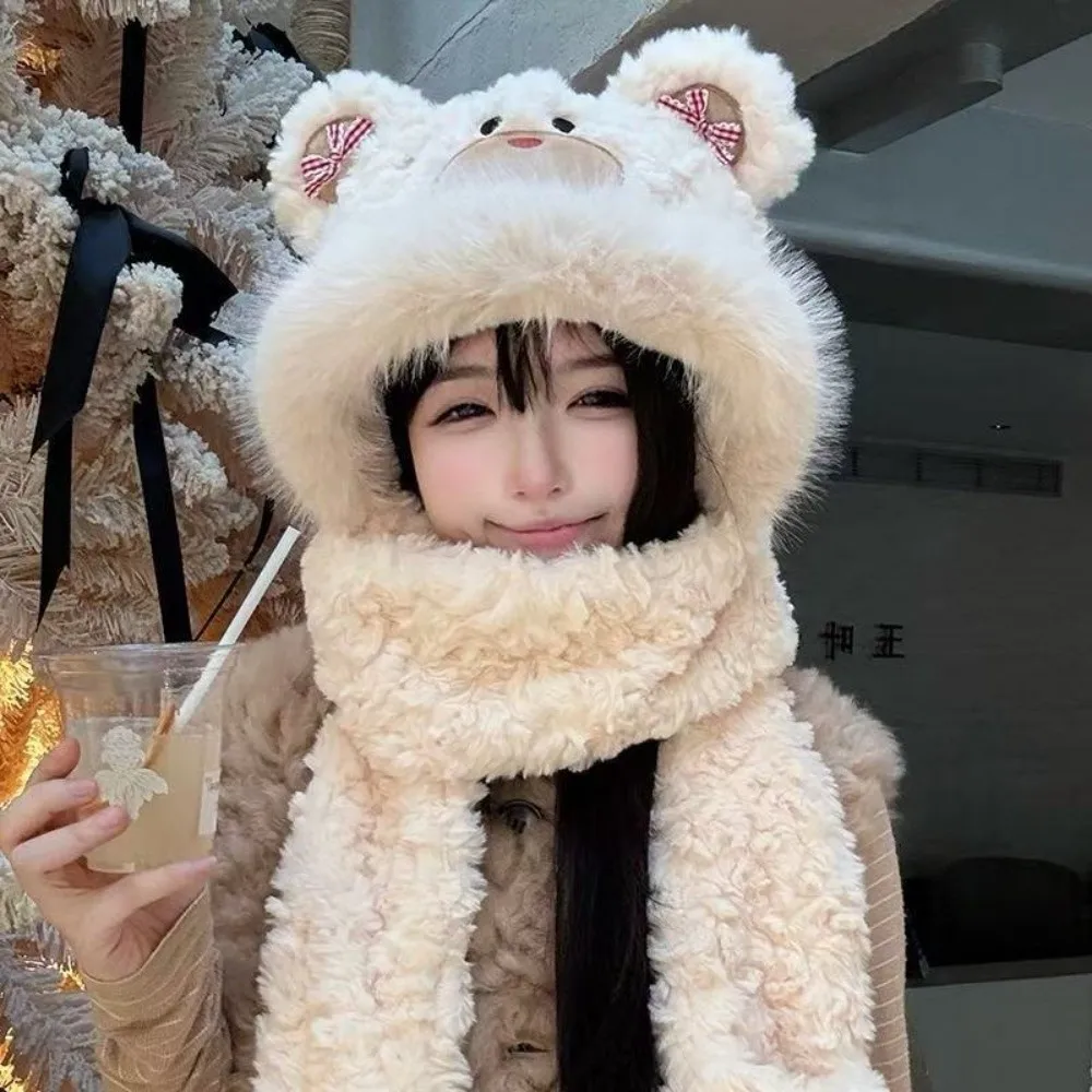 Cute 3-in-1 Little Bear Hooded Scarf Windproof Ear Protection Gloves Scarf Hat with Mittens Fluffy Winter Scarf Autumn Winter