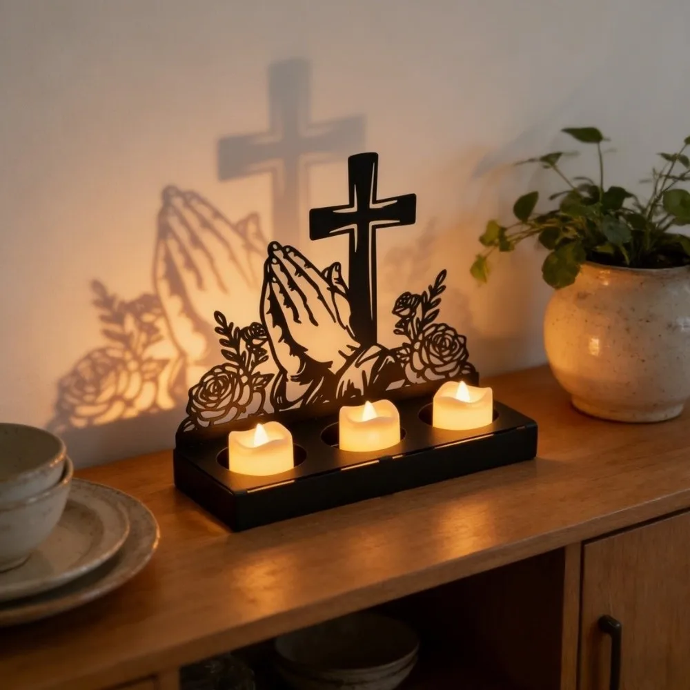 Vintage Hands Candle Holder Shadow Cutout Wine Bottle Shaped Cross Candlestick Floral Design Iron Candlestick Ornament