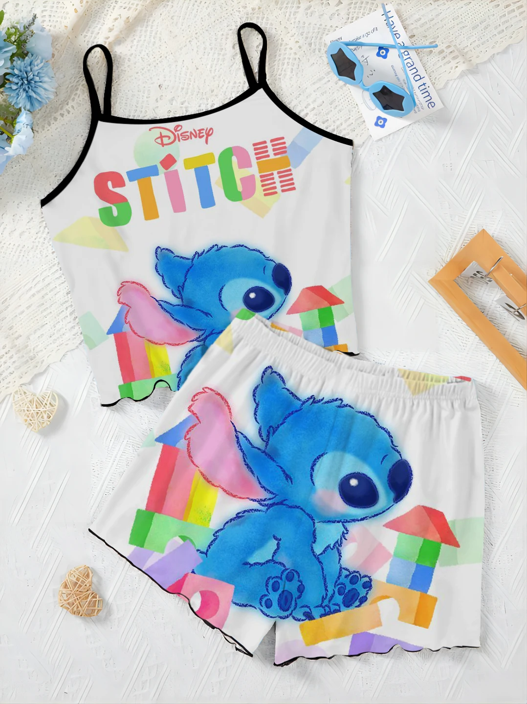 Slip Dress Elegant Women's set t-shirt pigiama gonna lattuga Trim Top Stitch Disney Pieces Short Piece Outfit Summer Suit Disney