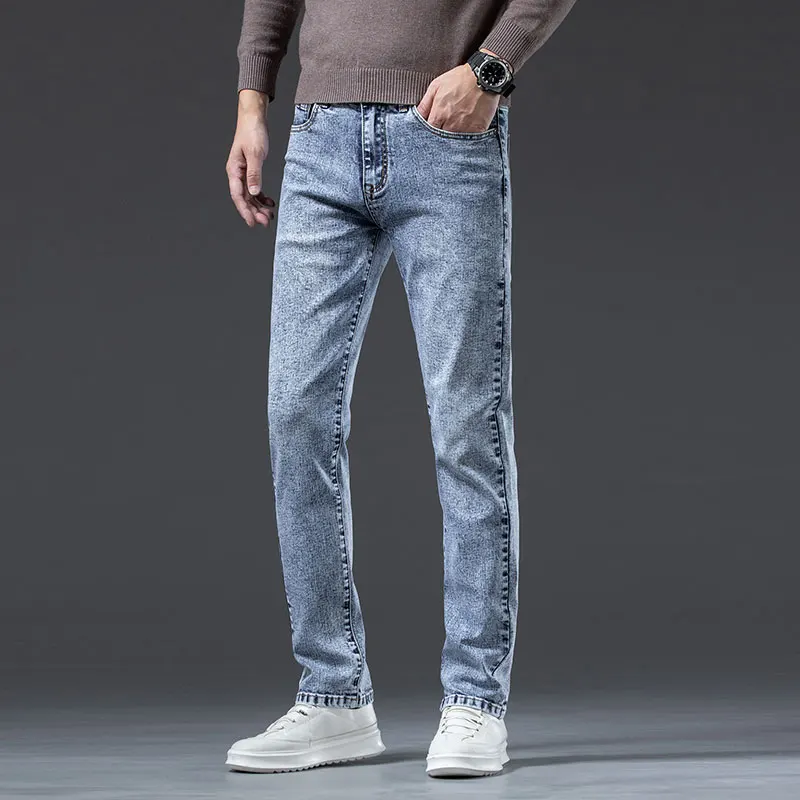 High-end Retro Snowflake Straight Jeans for Men Autumn and Winter New Styles Men's Straight Fit Stretch Denim Trousers