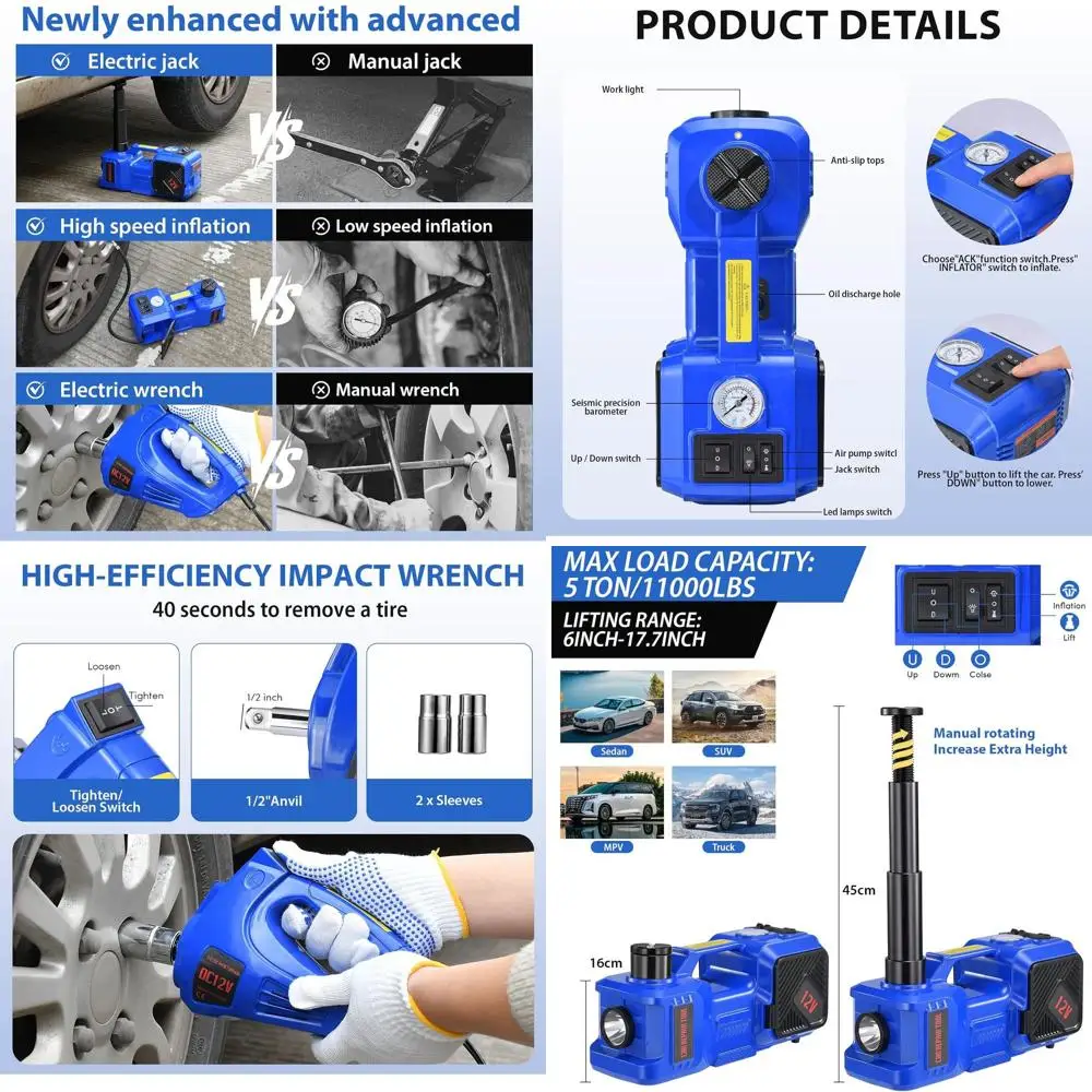 

Электрический домкрат 12В, 5 тонн, с компрессором и ударным гайковертом для ремонта автомобилей - синий
