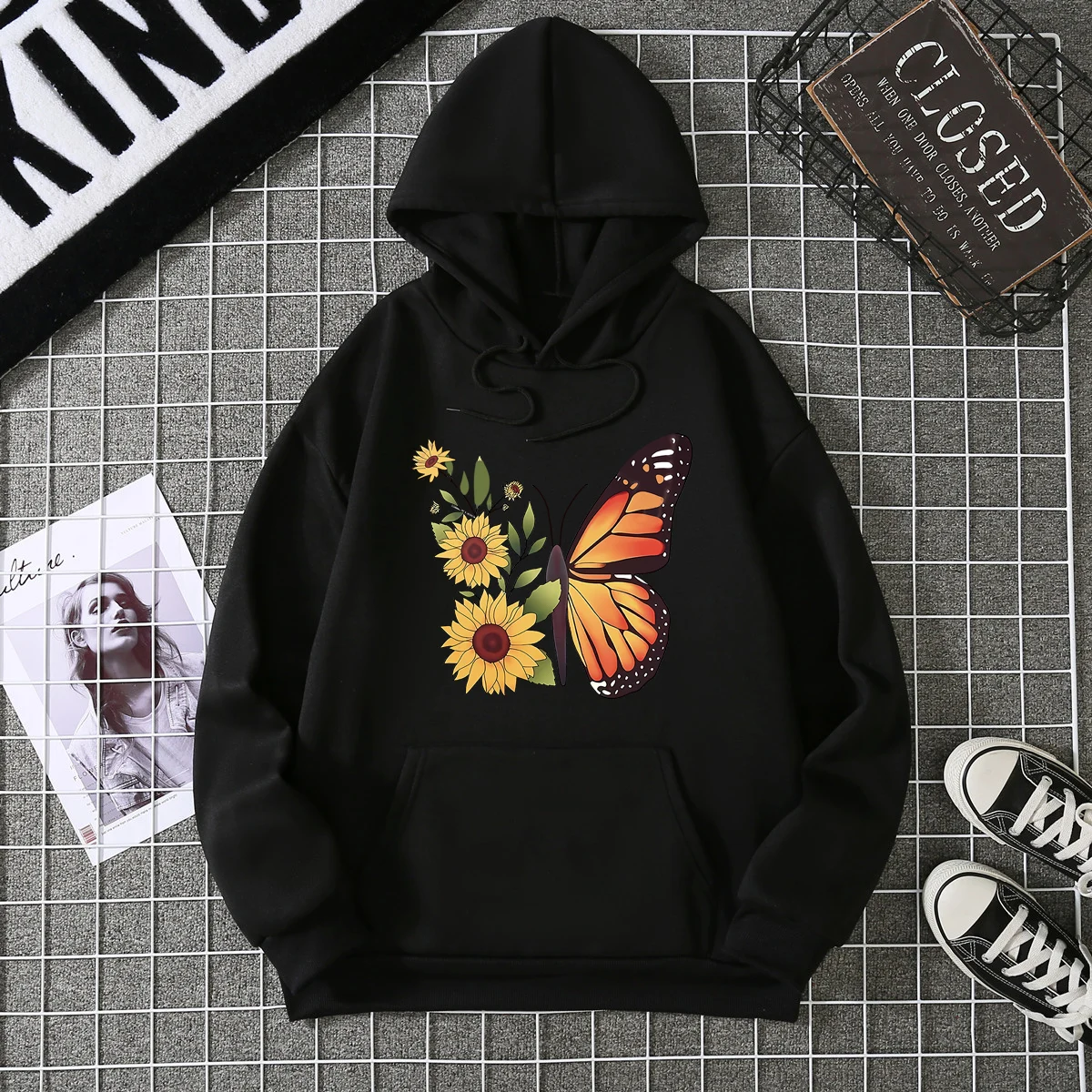 Butterfly Chrysanthemum Print Hooded Sweater Pure Cotton Loose Casual High Quality Retro Outfit Graphic Trend Hoodie Sweatshirt