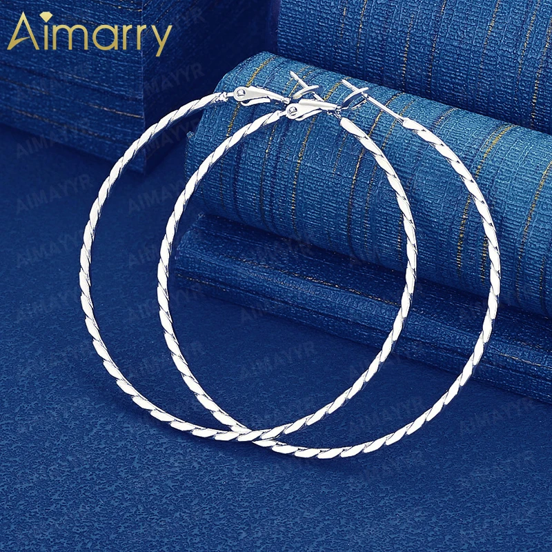 925 Sterling Silver 50mm Simple Twisted Pattern Large Circle Earrings for Women's Weddings High-quality and Fashion Jewelry