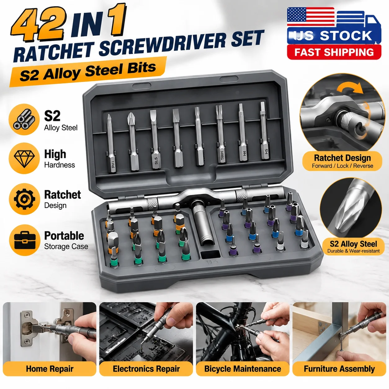 42 Pcs Magnetic Ratcheting Screwdriver Set Alloy Steel Bits Multi Position Handle Portable Screwdriver Tool Kit for Home DIY Furniture Assembly