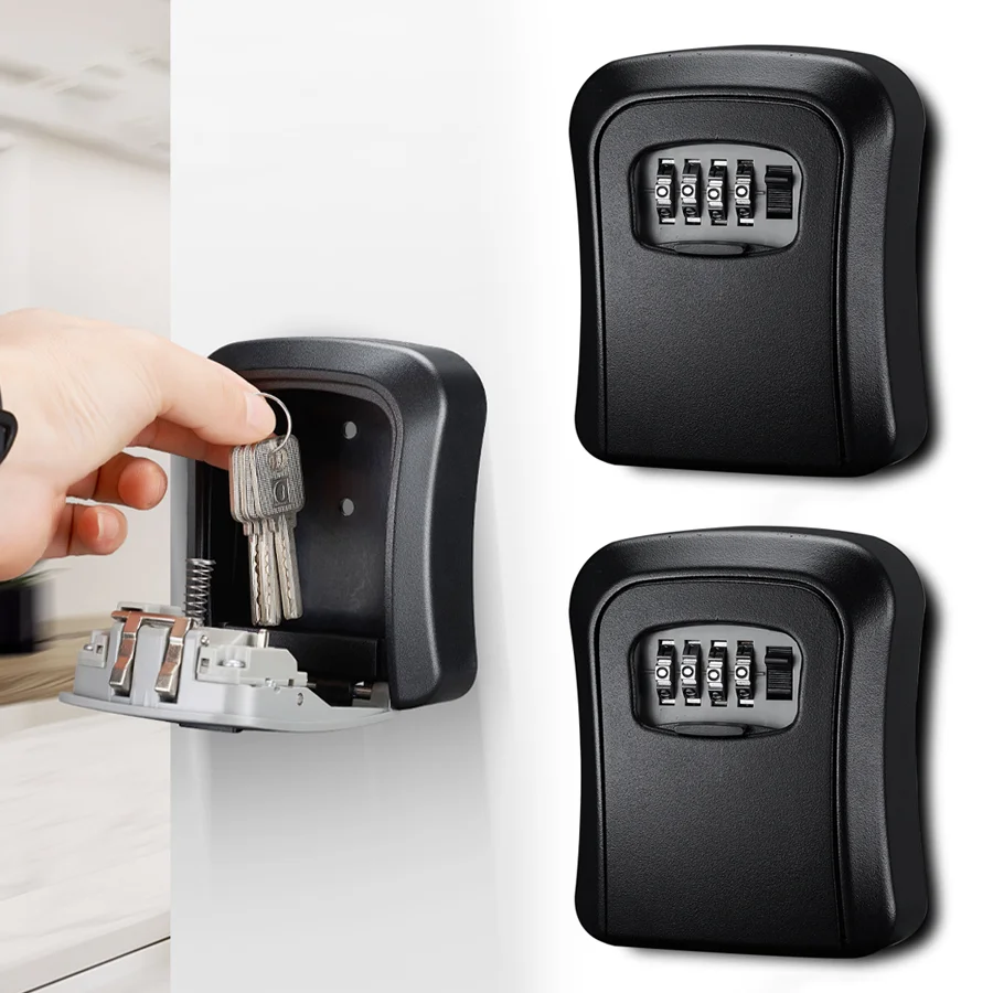 1pc Black Wall Mount Key Storage Lock Box, 4 Digit Password Key Safe Holder Security Box for House Rental, Home Entry Access XJM