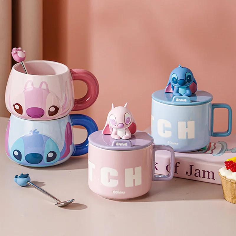 

Kawaii Stitch Large-capacity Ceramic Mug Cartoon Couple Coffee Mugs Water Cup with Lid and Spoon Hand-held Gift Box Packaging