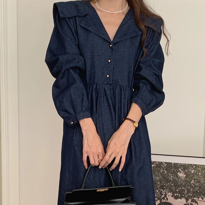 Women\'s Spring Vintage Long Denim Shirt Dress Sailor Collar Single Breasted Maxi A-line Dresses