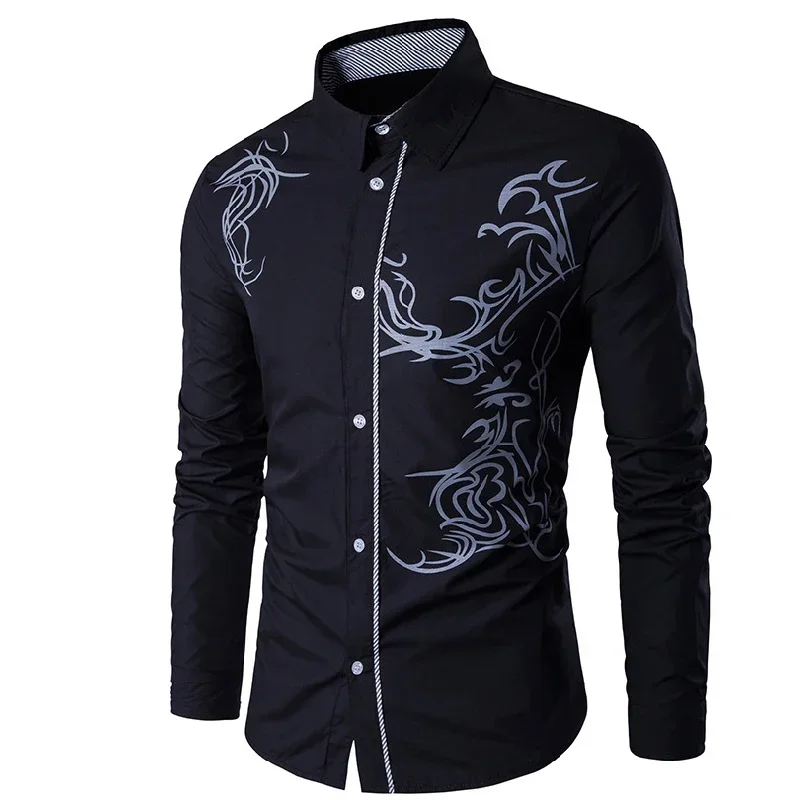 

New Men Shirt Plus Size Slim Fit Men Casual Shirt Spring Autumn Cotton Dragon Pattern Print White Men Long Sleeve Shirt 3XL