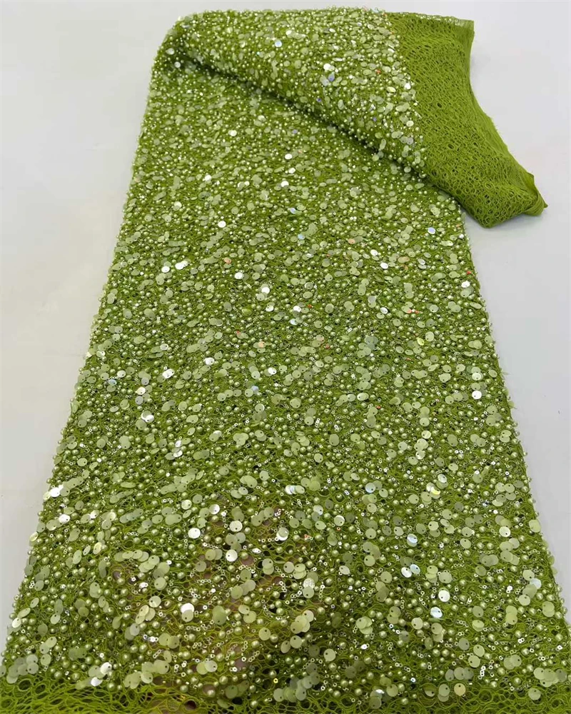 African Sequins Lace Fabric 2025 5 Yards High Quality Lace French Nigerian Beads Lace Fabric For Sewing Dresses Wedding Party
