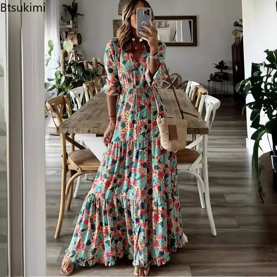 

New 2024 Women's Summer V-Neck Tunic Robe Dress Female Elegant Floral Print Beach Dress Women 3/4 Sleeve Bohemian Holiday Dress