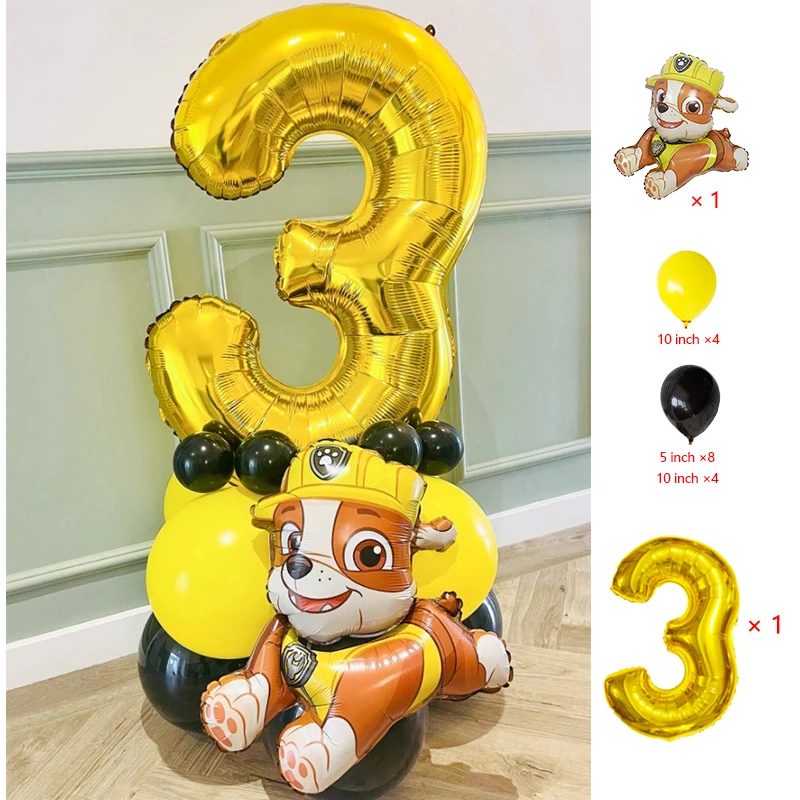 18pcs Cartoon Paw Dog Patrol Balloon Set Number 0-9 Foil Balloons Birthday Party Decor Yellow Black Latex Balloon Kit