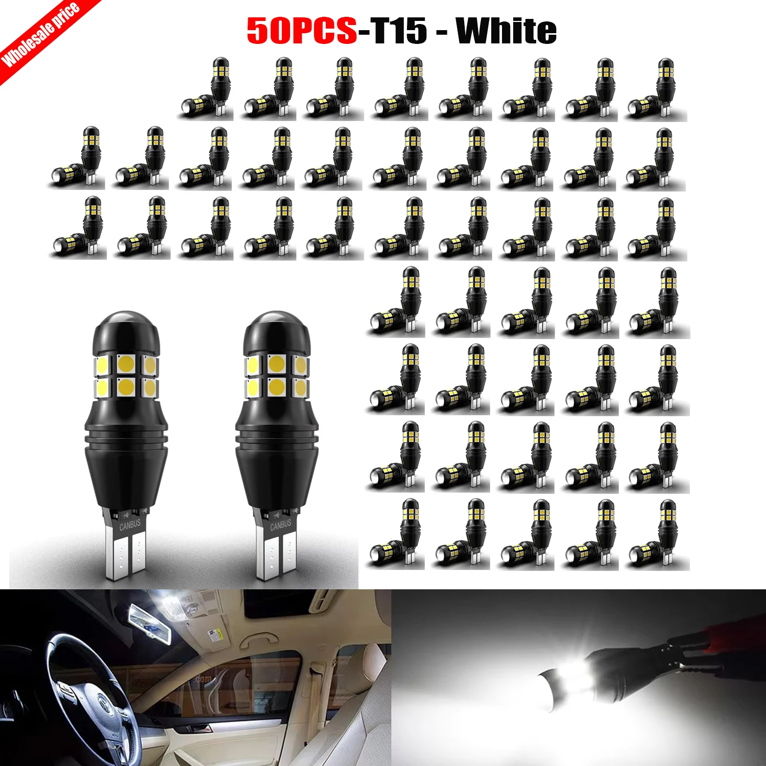 50pcs T15 Error Free LED Backup Light CSP Chips Plug and Play For Kia Sportage Rio Stonic Soul Picanto Halogen to LED Upgrade