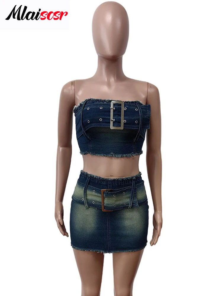 Mlaiscsr Vintage Stretch Denim Women Tube Strapless Crop Top Mini Skirts Jean Belt Two 2 Piece Sets Birthday Club Beach Outfits